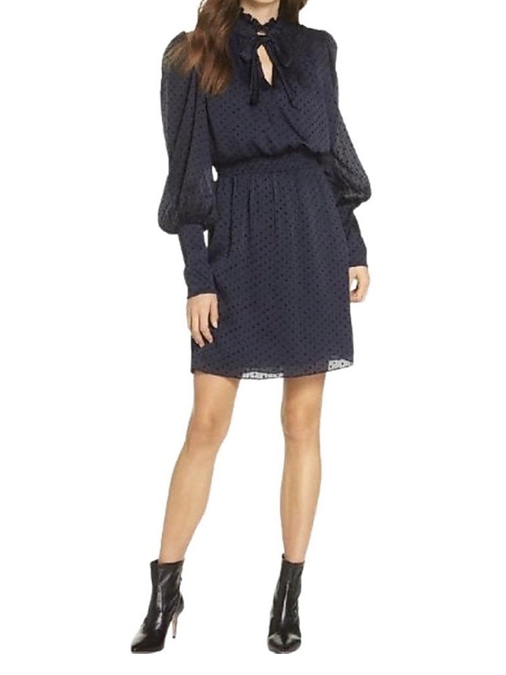 Women's Navy Long-Sleeve Tie-Neck Dress